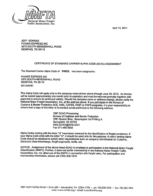 NMFTA Certificate of Compliance